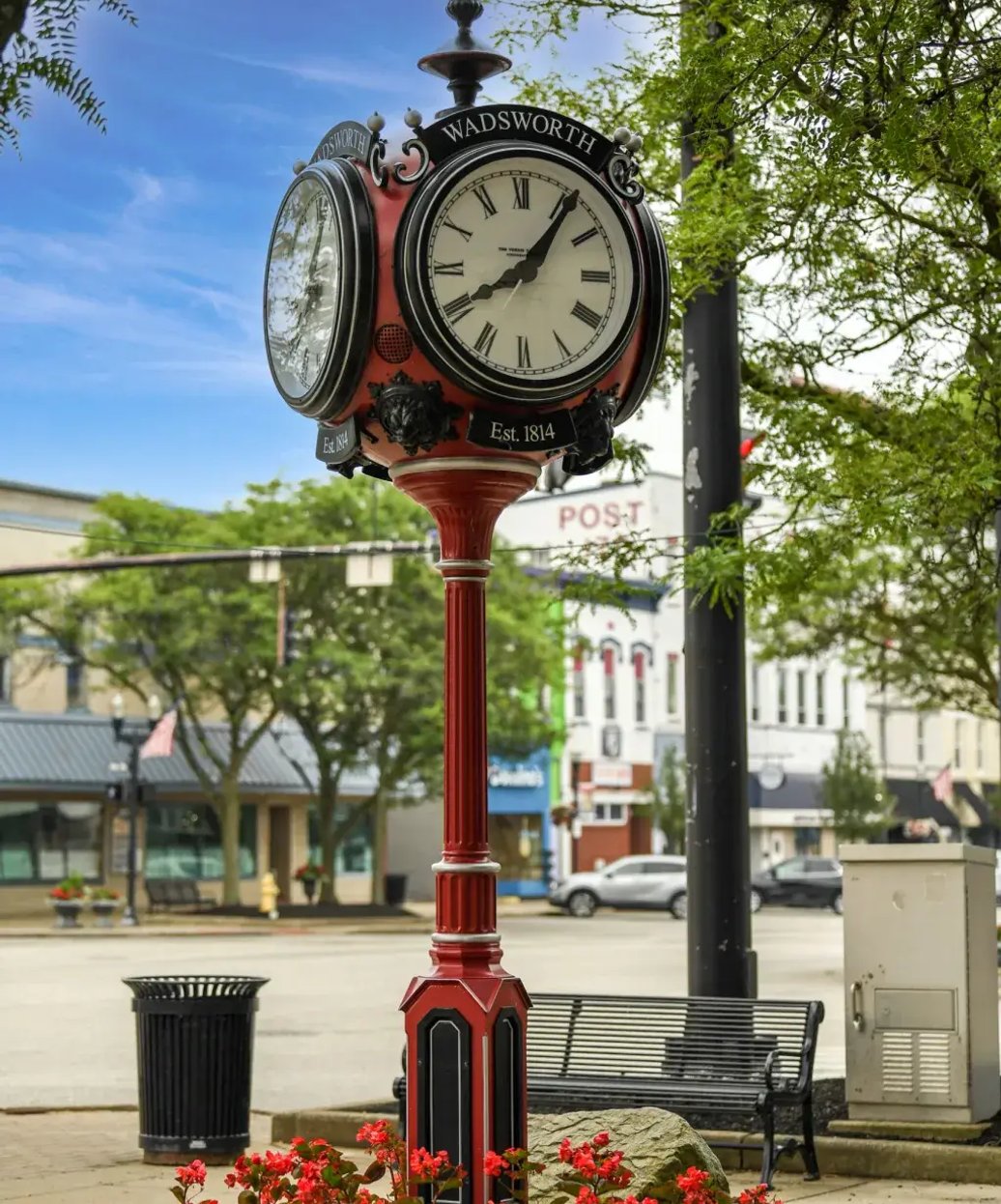 Downtown Wadsworth Ohio clock tower on Main Street established 1814